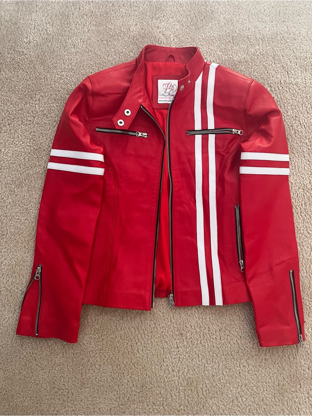 Red Leather Racing Jacket with White Stripes - Unbranded